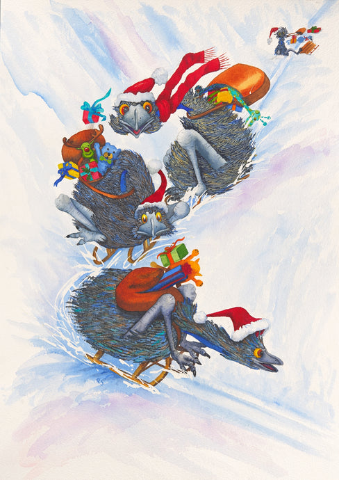 Christmas: Santa's Helpers - a print of emus helping with Christmas deliveries