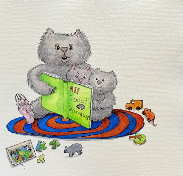 Storybook Time a wombat original watercolour painting SOLD