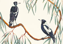 Two magpies on a eucalyptus branch. I echoed the gum leaf green colour into their plumage. 