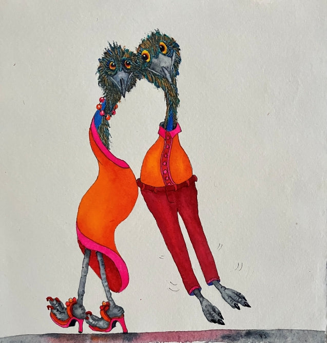 Colorful illustration of two emus in human-like poses with bright clothing on a plain background