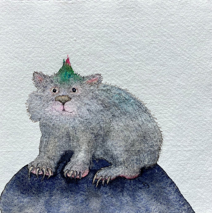 Illustration of a fluffy wombat with a colourful hairdo. 