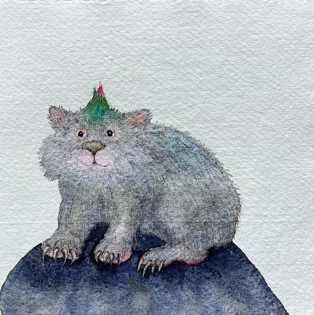Illustration of a fluffy wombat with a colourful hairdo. 