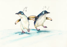 Two fairy penguins doing a joyful jig. These are the smallest penguin species. They come to Tasmania to breed.