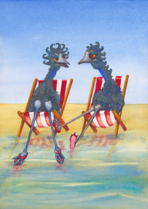 Beachside Chatter - Emus at the beach watercolour prints