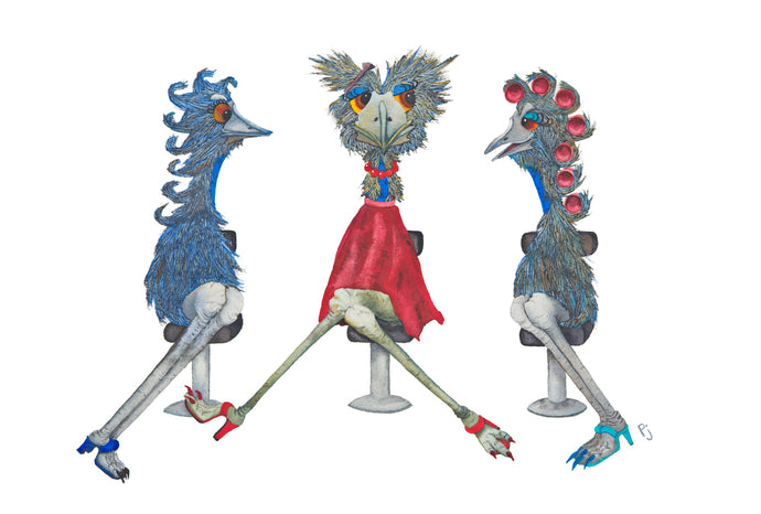 Three emus getting their feathers done at a hair salon.