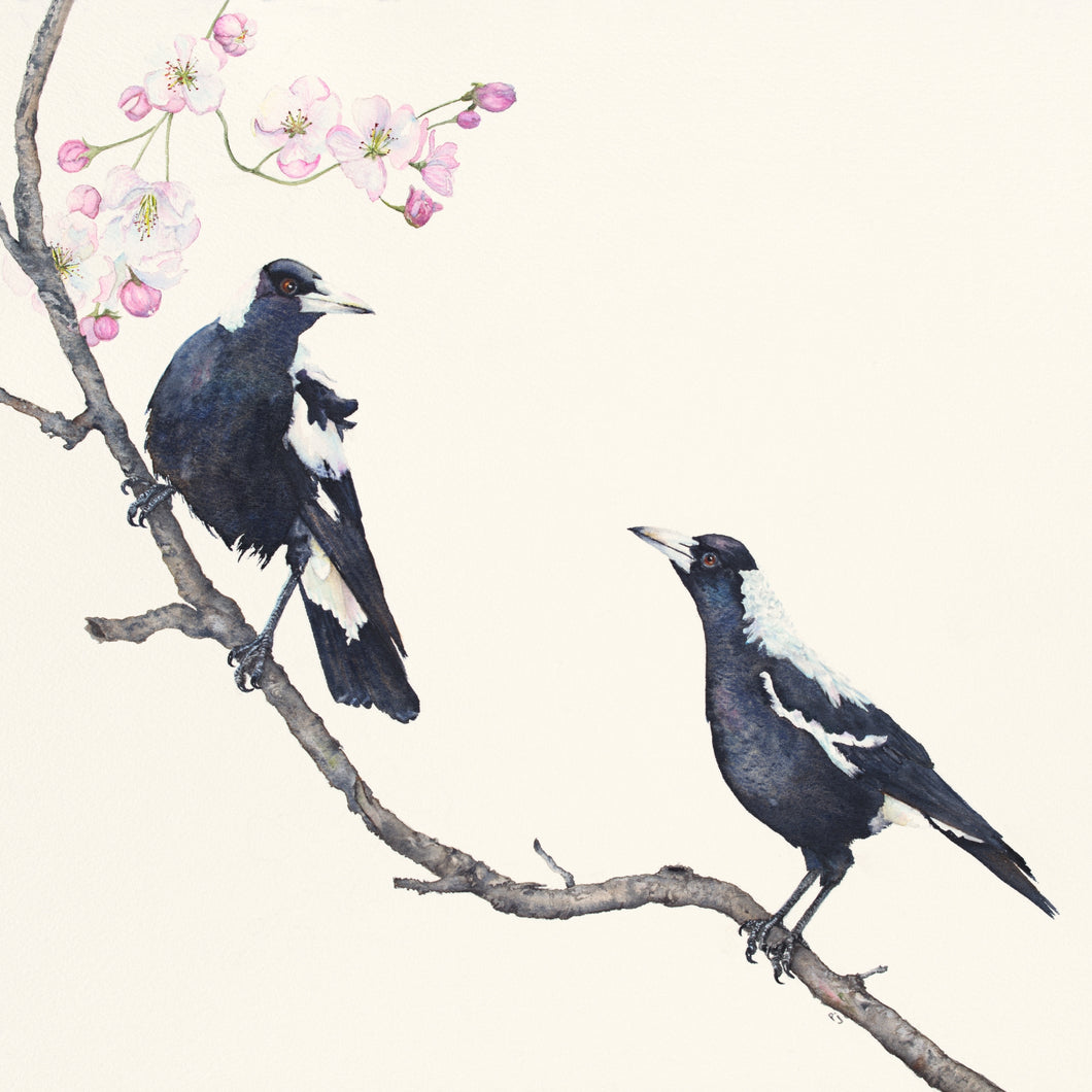 Blossoming Friendship a magpie watercolour print