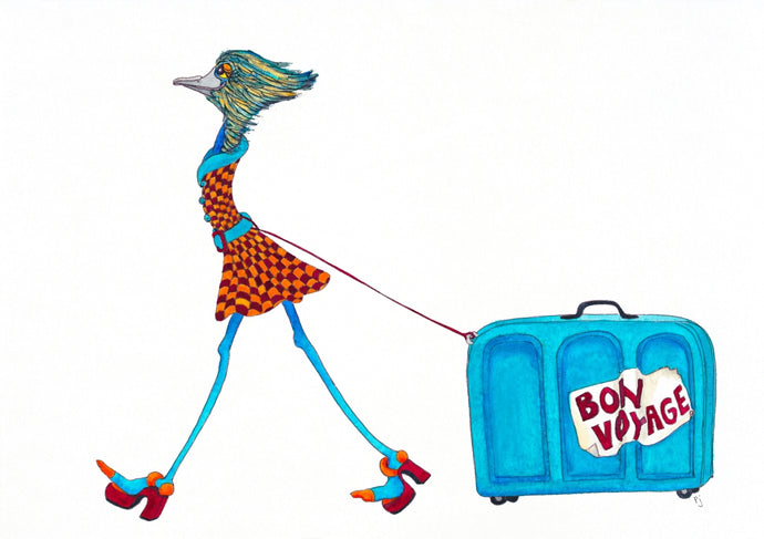 This stylishly dressed emu is off on a holiday, pulling her turquoise suitcase with a big Bon Voyage sticker plastered on it. This will make it easy to spot on the baggage carousel!