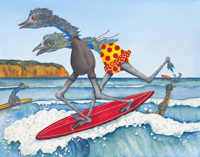 Surfing Clifton Beach, Tasmania - A print of emus surfing