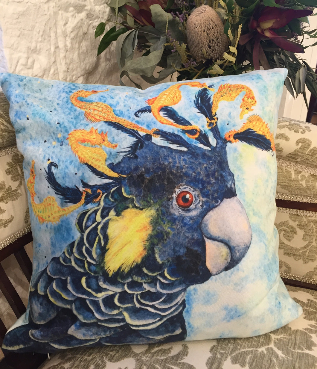 Cushion Cover of a black cockatoo and seahorses