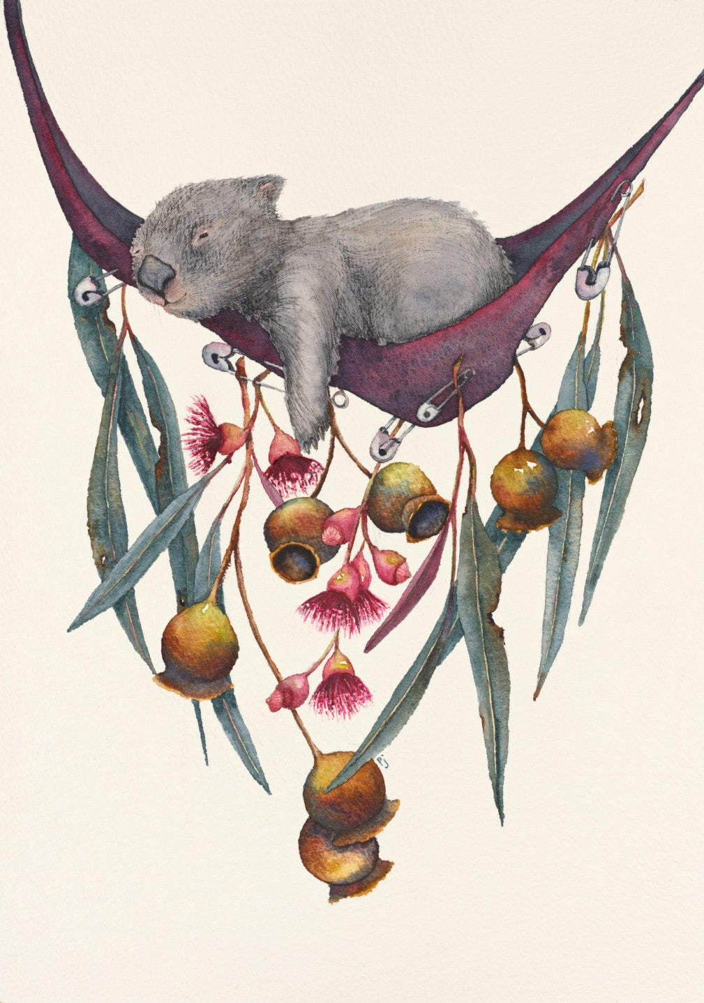 A relaxing wombat in a hammock decorated with gum leaves, nuts and flowers. The decorations roughly resemble the shape of Tasmania.
