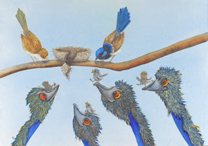 Cheer 'em Up series:  "Helping Hands" - Emus and Fairy Wrens Watercolour