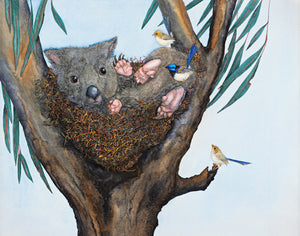 House Sharing - a wombat and fairy wrens watercolour print