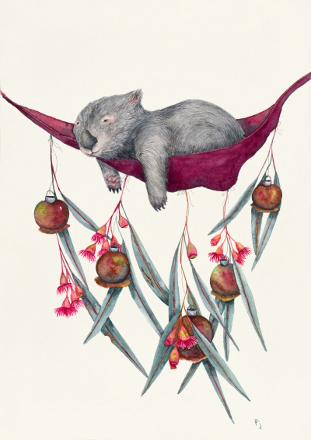 This is a print of my original watercolour painting of a sleepy wombat in a hammock. The hammock has been decorated with gum nuts and flowers. 