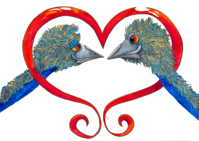 With the backdrop of a bright red heart, two emus gaze lovingly into each other's eyes.