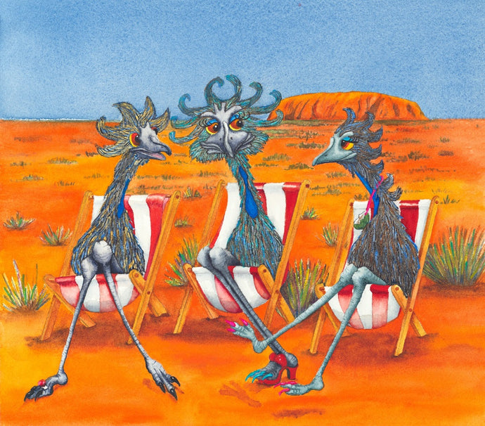 Outback Glamping     A Print of Emus visiting Uluru, Australia