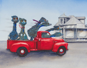 Red Ute - A print of an Emu and Red Ute Watercolour painting