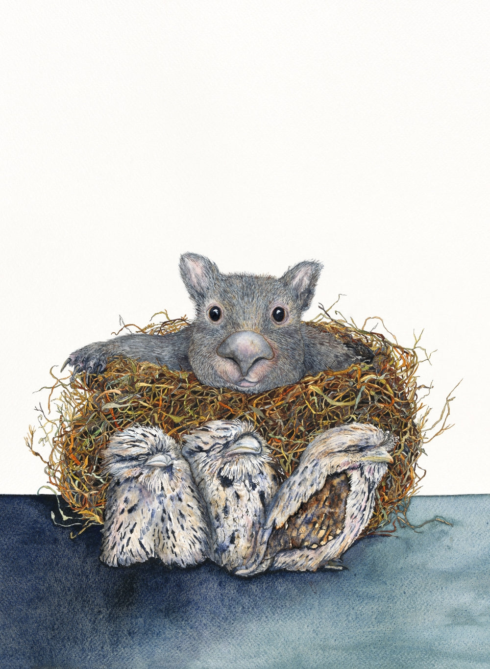 Share House - a wombat and tawny frogmouth watercolour print