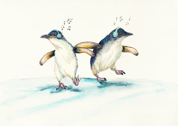 A joy-filled image of two fairy penguins, the smallest species of all penguins, dancing. These are the penguins that come to Tasmania to breed.
