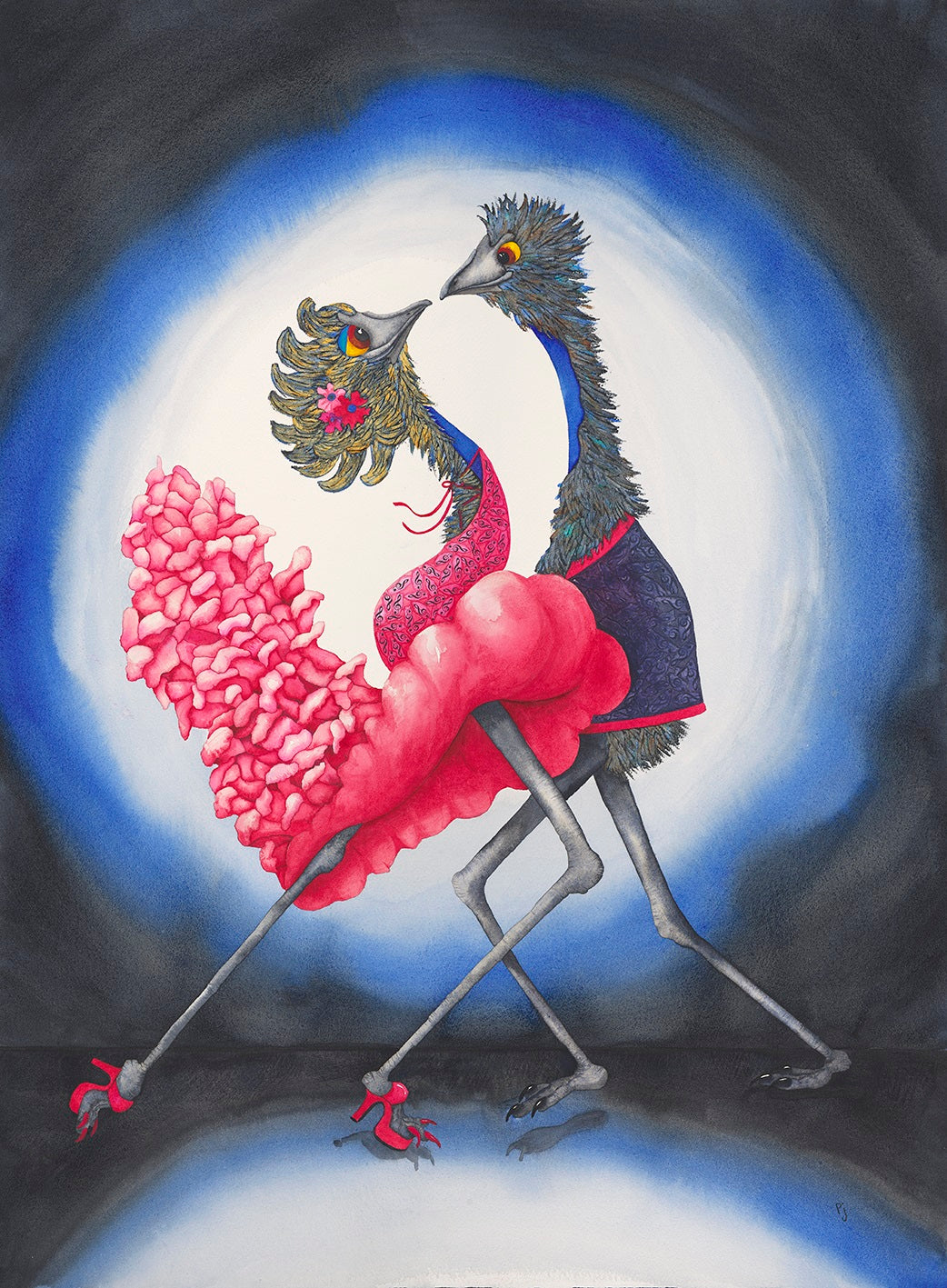 Spanish Eyes (Pink) - A dancing Emu Watercolour print