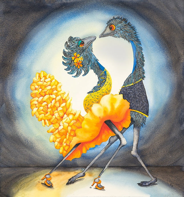 Spanish Eyes (Yellow) - A dancing Emu Watercolour print