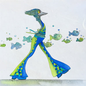 Taking the Fish for a Walk- an Original Watercolour Painting SOLD