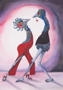 Two emus , one dressed in a slinky red dress and the other in a waist coat holding a rose in its beak, are dancing a passionate tango together.