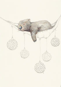 This is a water colour painting of a sleepy wombat that is patiently waiting the arrival of Santa Claus. The wombat is painted but the rest of the picture is drawn in Artline pen. The wombat is resting in a hammock that has been tastefully decorated with bobbles. The original is in a black frame with black matting, which makes the picture "pop". The original is available at Peppercorn Gallery, 58 Bridge Street, Richmond, Tasmania.