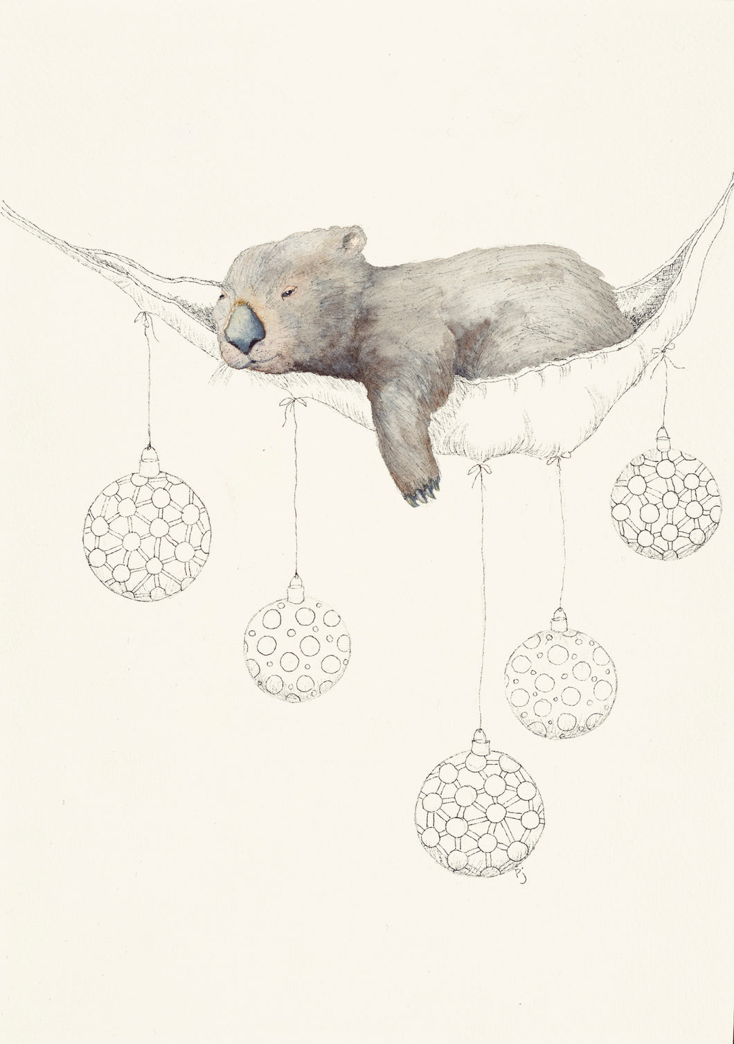 This is a water colour painting of a sleepy wombat that is patiently waiting the arrival of Santa Claus. The wombat is painted but the rest of the picture is drawn in Artline pen. The wombat is resting in a hammock that has been tastefully decorated with bobbles. The original is in a black frame with black matting, which makes the picture 