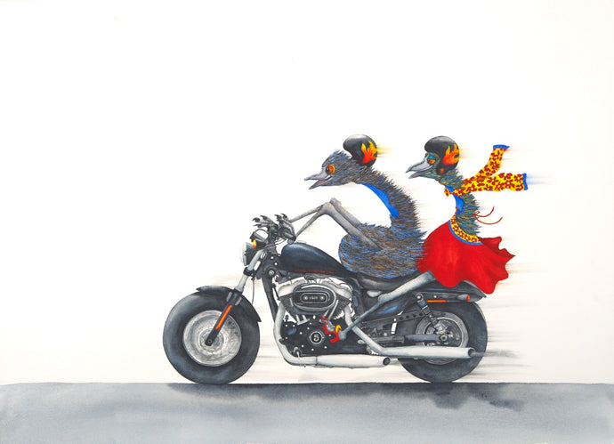 Motorcycle:  Who says emus can't fly!? A Harley Davidson Watercolour Print