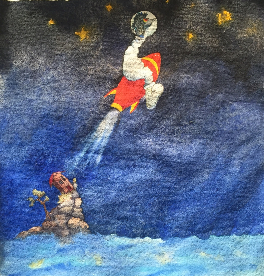 This is a watercolour painting of an emu sitting on a red and yellow rocket heading into space. There's a little house on an island witnessing this spectacular event. The background sky is a bright blue gradually getting darker. There are stars in the sky and the ocean surrounding the little island house.