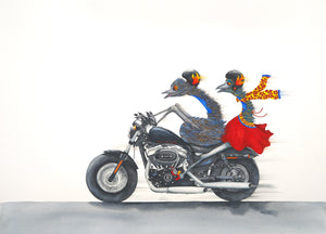 Two emus are riding a Harley Davidson motorcycle. The front driver is using his feet to steer the bike and the passenger, wearing a red dress, is balancing very well on the bike considering her legs are not anchored to any part of the bike. 